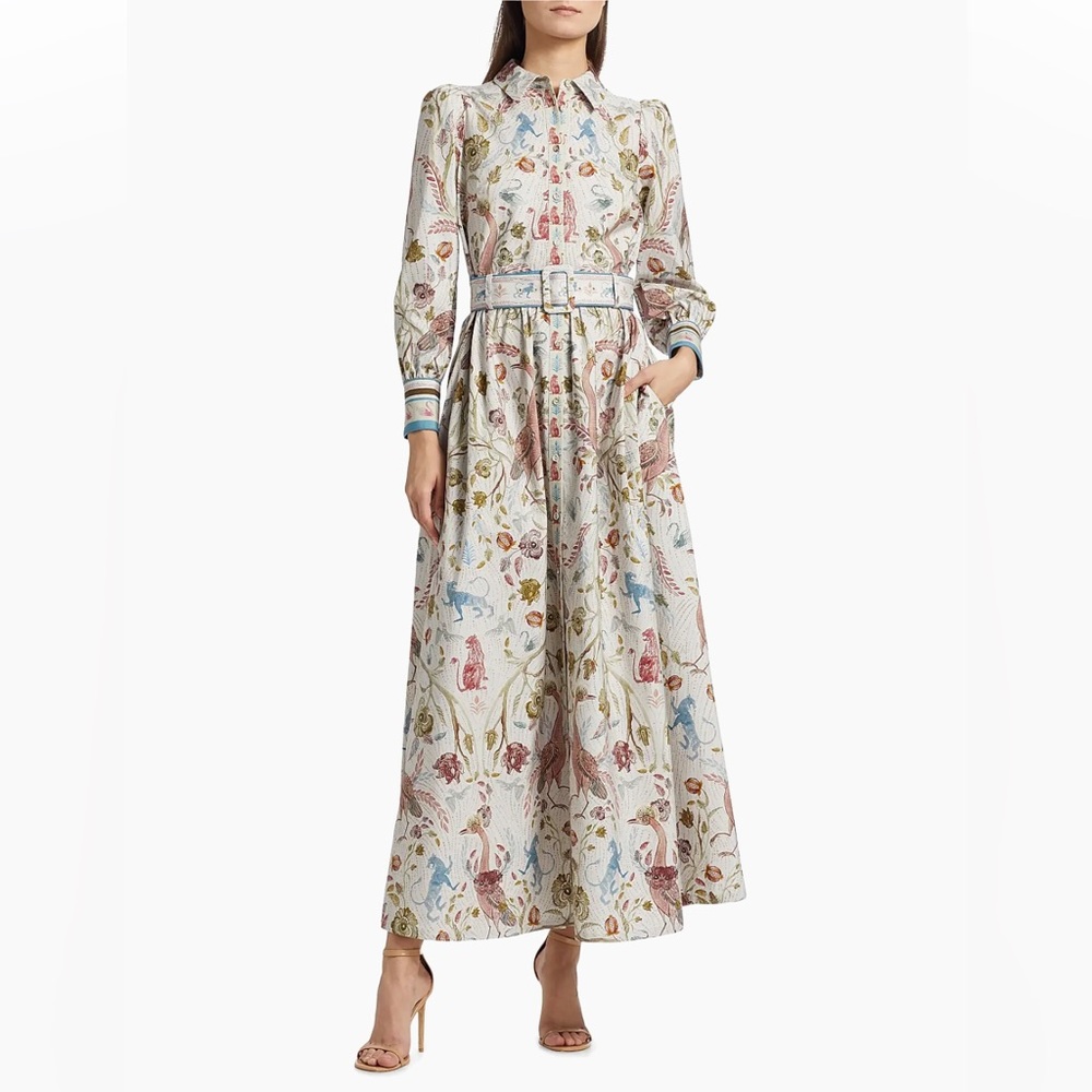 Marchesa Rosa White Blue Floral Animal Cotton Belted Maxi Shirt Dress Size 4
